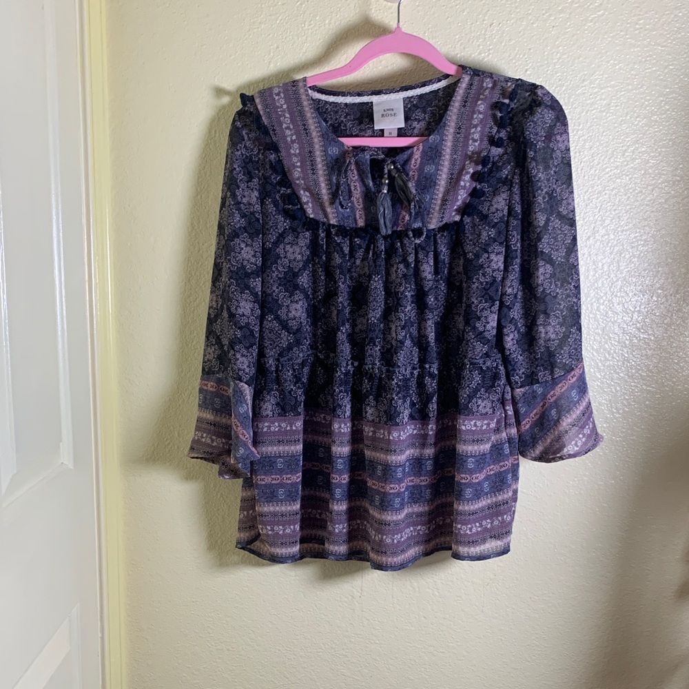 NWOT Knox Rose Navy and Purple Patterned Blouse, Size Medium
